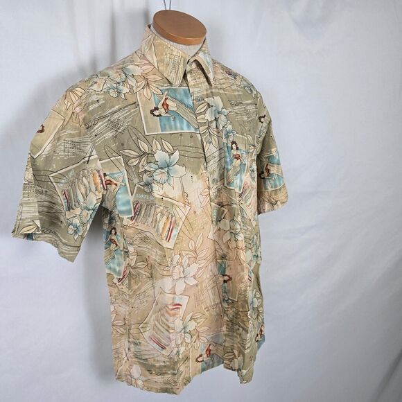 Campia Moda Shirt Men's M Tan Floral Surfs Up Hawaiian Button Down Short Sleeve - Picture 16 of 16